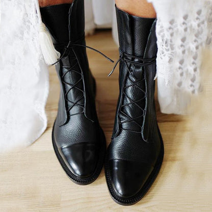 Leather Boots - Women's Vintage Mid Calf Lace Up Boots-Allison Arch