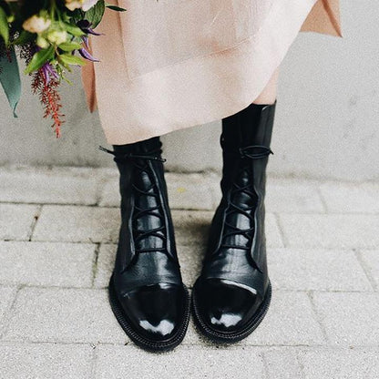 Leather Boots - Women's Vintage Mid Calf Lace Up Boots-Allison Arch