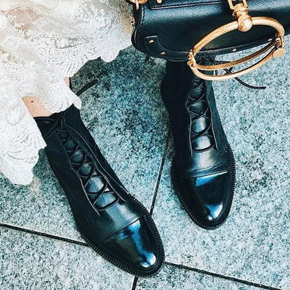 Leather Boots - Women's Vintage Mid Calf Lace Up Boots-Allison Arch