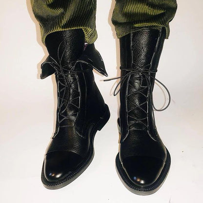 Leather Boots - Women's Vintage Mid Calf Lace Up Boots-Allison Arch