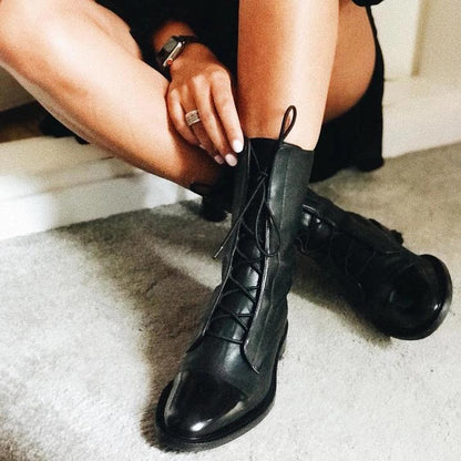 Leather Boots - Women's Vintage Mid Calf Lace Up Boots-Allison Arch