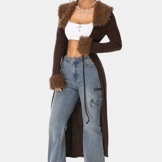 Long Cardigan | Rib Knit | Brown | Knitted Cardigan | Women's Cardigan-Allison Arch