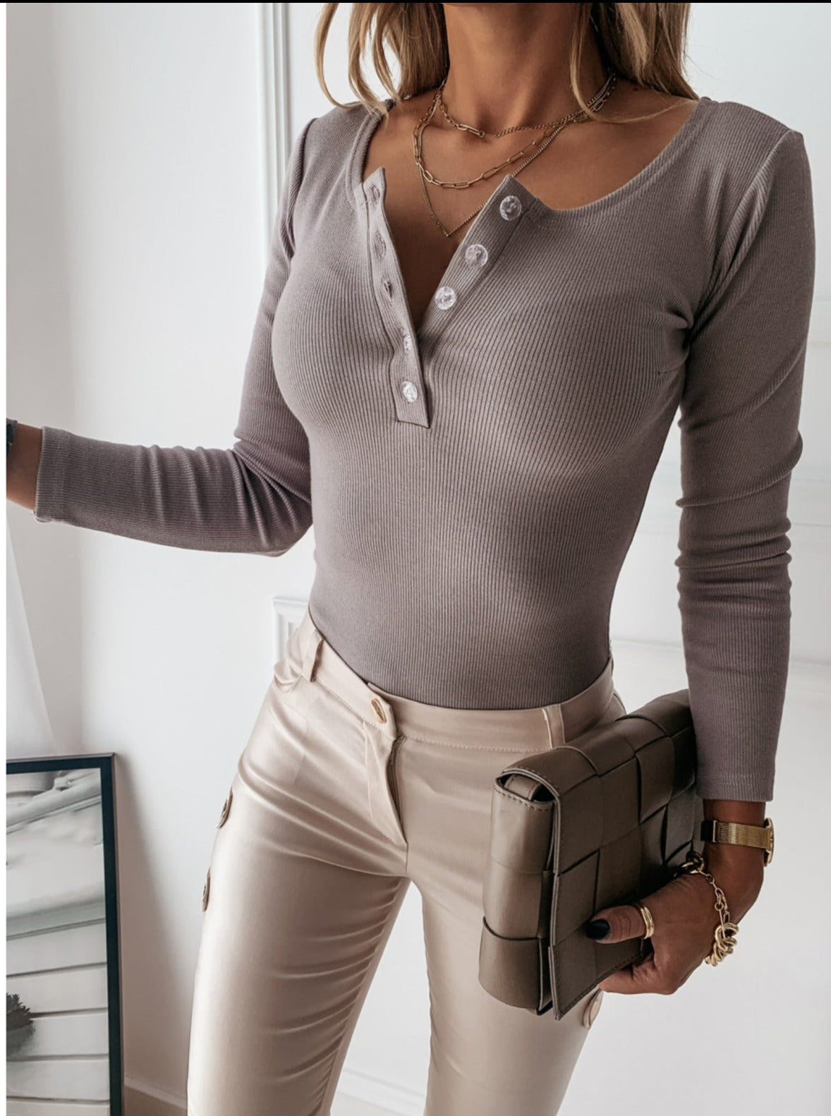 Long Sleeve Top - Ribbed - Button - Long Sleeve T-Shirt - Women's Clothing-Allison Arch