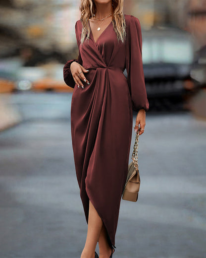 Midi Dress - Long Sleeve - Wrap - Satin Dress - Formal Dress-Allison Arch