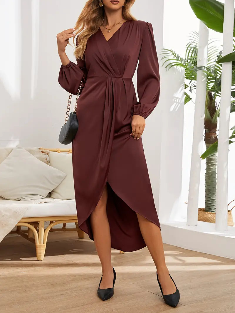 Midi Dress - Long Sleeve - Wrap - Satin Dress - Formal Dress-Allison Arch