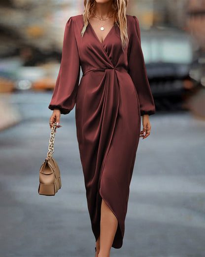 Midi Dress - Long Sleeve - Wrap - Satin Dress - Formal Dress-Allison Arch