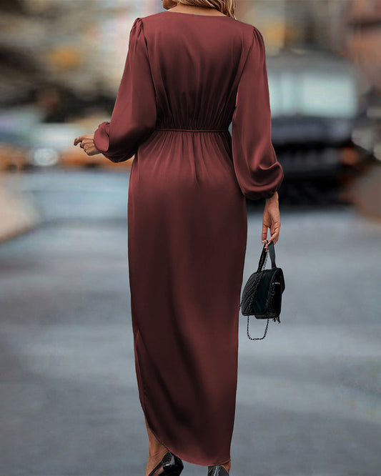 Midi Dress - Long Sleeve - Wrap - Satin Dress - Formal Dress-Allison Arch