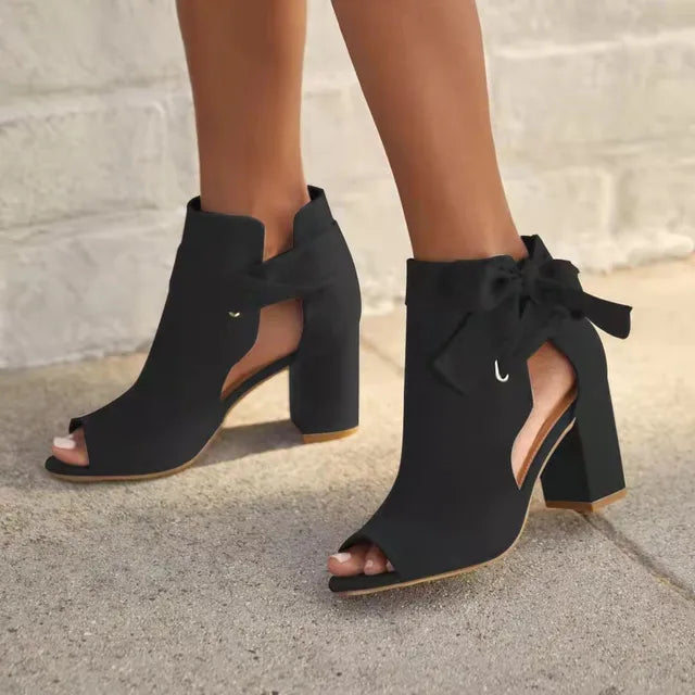 Open Toe Boots - Bow - Block Heel - Heeled Ankle Boots - Women's Heels-Allison Arch