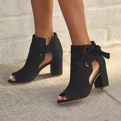 Open Toe Boots - Bow - Block Heel - Heeled Ankle Boots - Women's Heels-Allison Arch
