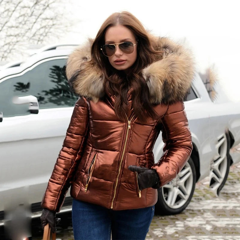 Padded Jacket - Shiny - Zip-Up - Coat with Fur Hood - Women's Winter Jacket -Allison Arch
