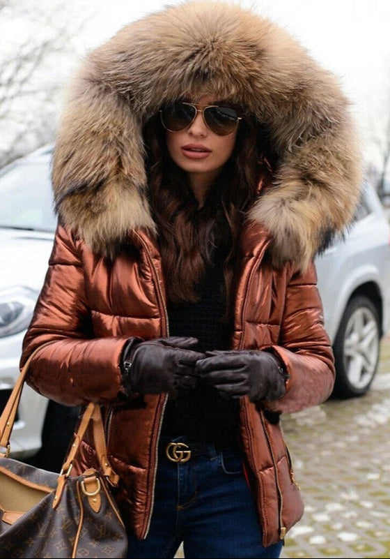 Padded Jacket - Shiny - Zip-Up - Coat with Fur Hood - Women's Winter Jacket -Allison Arch