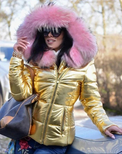 Padded Jacket - Shiny - Zip-Up - Coat with Fur Hood - Women's Winter Jacket -Allison Arch