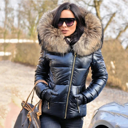 Padded Jacket - Shiny - Zip-Up - Coat with Fur Hood - Women's Winter Jacket -Allison Arch
