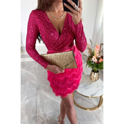 Party Dress - Long Sleeve V-Neck Mini Tassel Sequin Dress-Allison Arch
