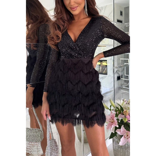 Party Dress - Long Sleeve V-Neck Mini Tassel Sequin Dress-Allison Arch