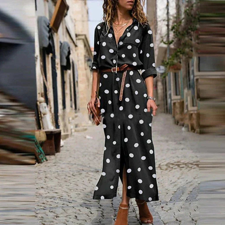 Polka Dot Dress | Long Sleeve | Button-Up | Maxi Shirt Dress | Maxi Sundress-Allison Arch