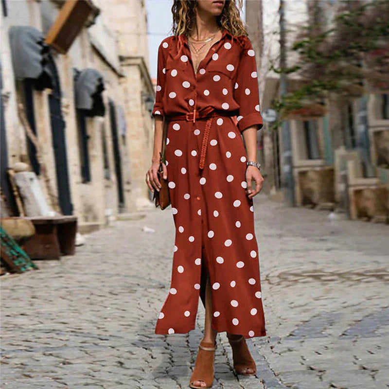 Polka Dot Dress | Long Sleeve | Button-Up | Maxi Shirt Dress | Maxi Sundress-Allison Arch