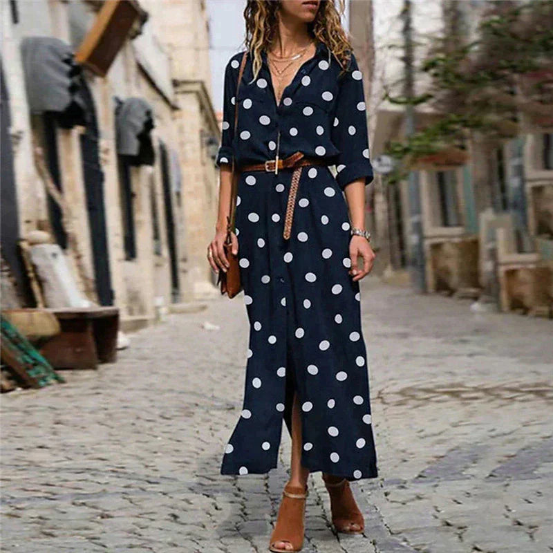 Polka Dot Dress | Long Sleeve | Button-Up | Maxi Shirt Dress | Maxi Sundress-Allison Arch