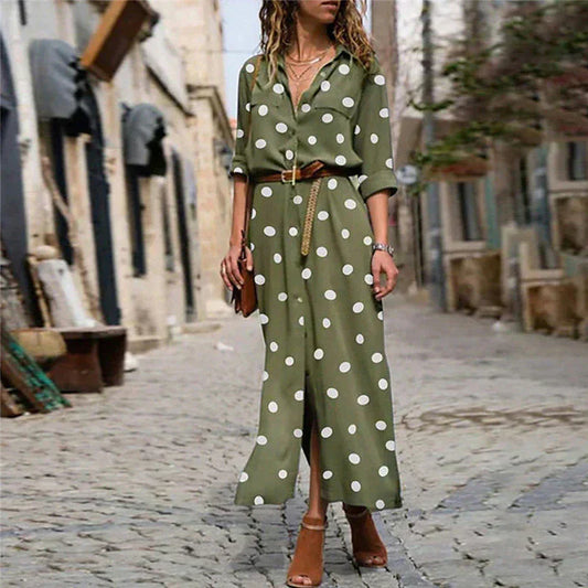 Polka Dot Dress | Long Sleeve | Button-Up | Maxi Shirt Dress | Maxi Sundress-Allison Arch