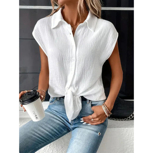 Short Sleeve Blouse - Women's Button-Up Tie Front Summer Top-Allison Arch