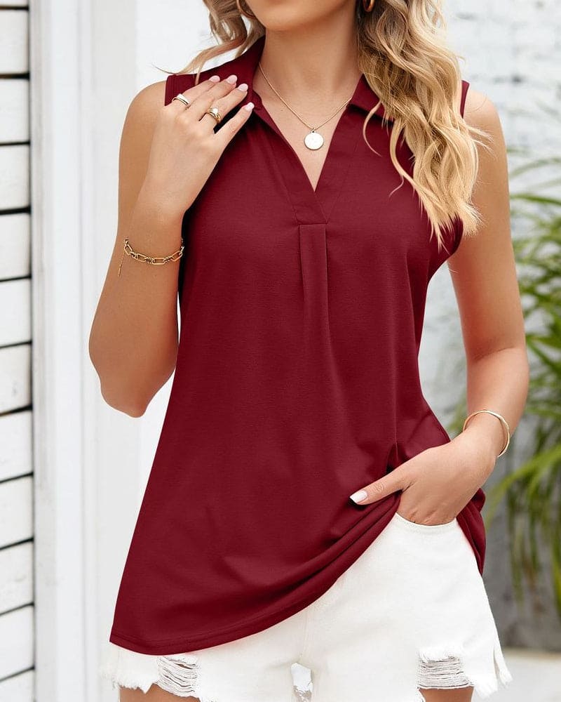 Summer Top - Sleeveless - V-Neck - Collared Top - Women's Clothing-Allison Arch