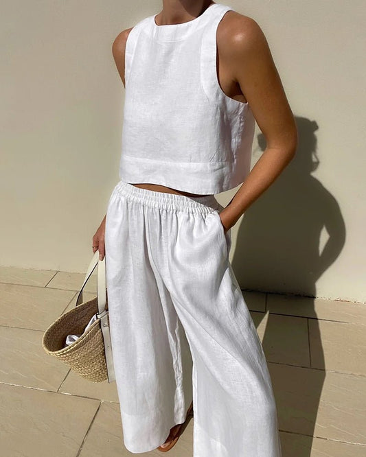 Two-Piece Set - Women's Linen Wide Leg Pants and Top Co-Ord Set for Summer-Allison Arch