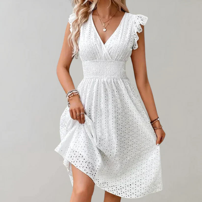 White Dress | V-neck | Sleeveless | Eyelet Dress | Summer Dress-Allison Arch