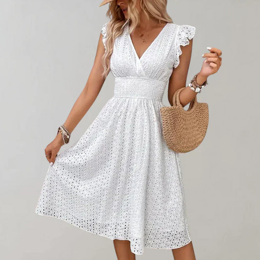 White Dress | V-neck | Sleeveless | Eyelet Dress | Summer Dress-Allison Arch