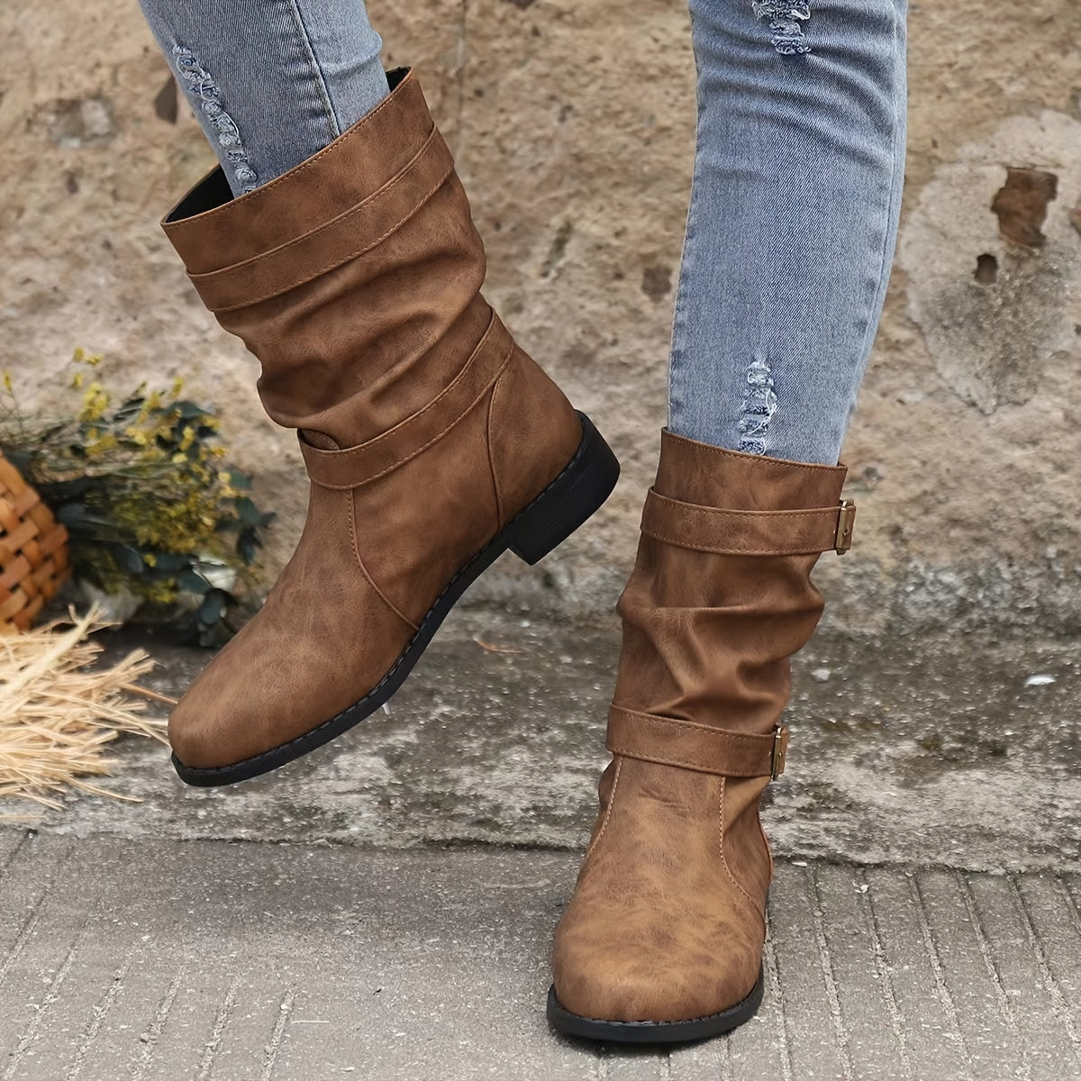 Women's Boots | Buckle Strap | Vintage | Mid Calf Boots | Slouchy Boots-Allison Arch